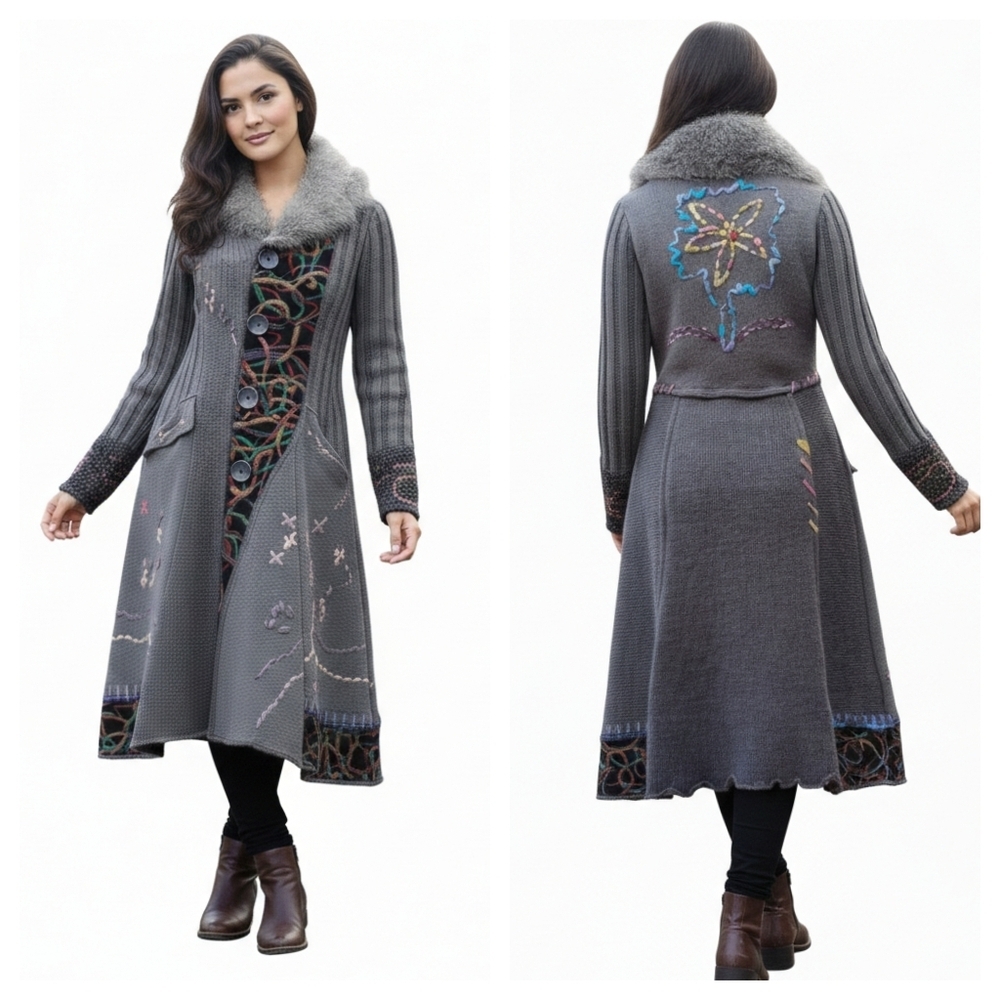 Vintage Boho Long Knit Duster Coat with Faux Fur Trim Abstract Stitching Gray  M